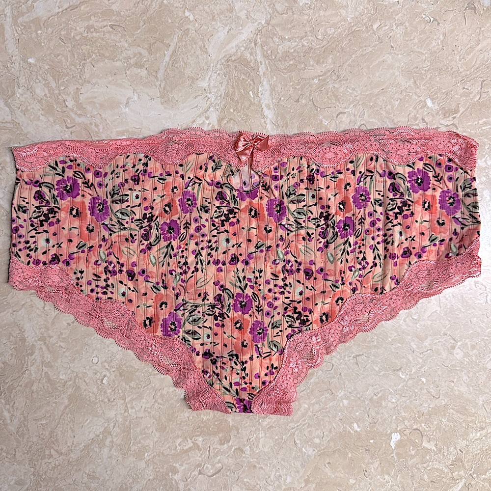 Ambrielle Pink Flower Lace Floral Panty Brief with Stripes Keyhole & Bows XXL